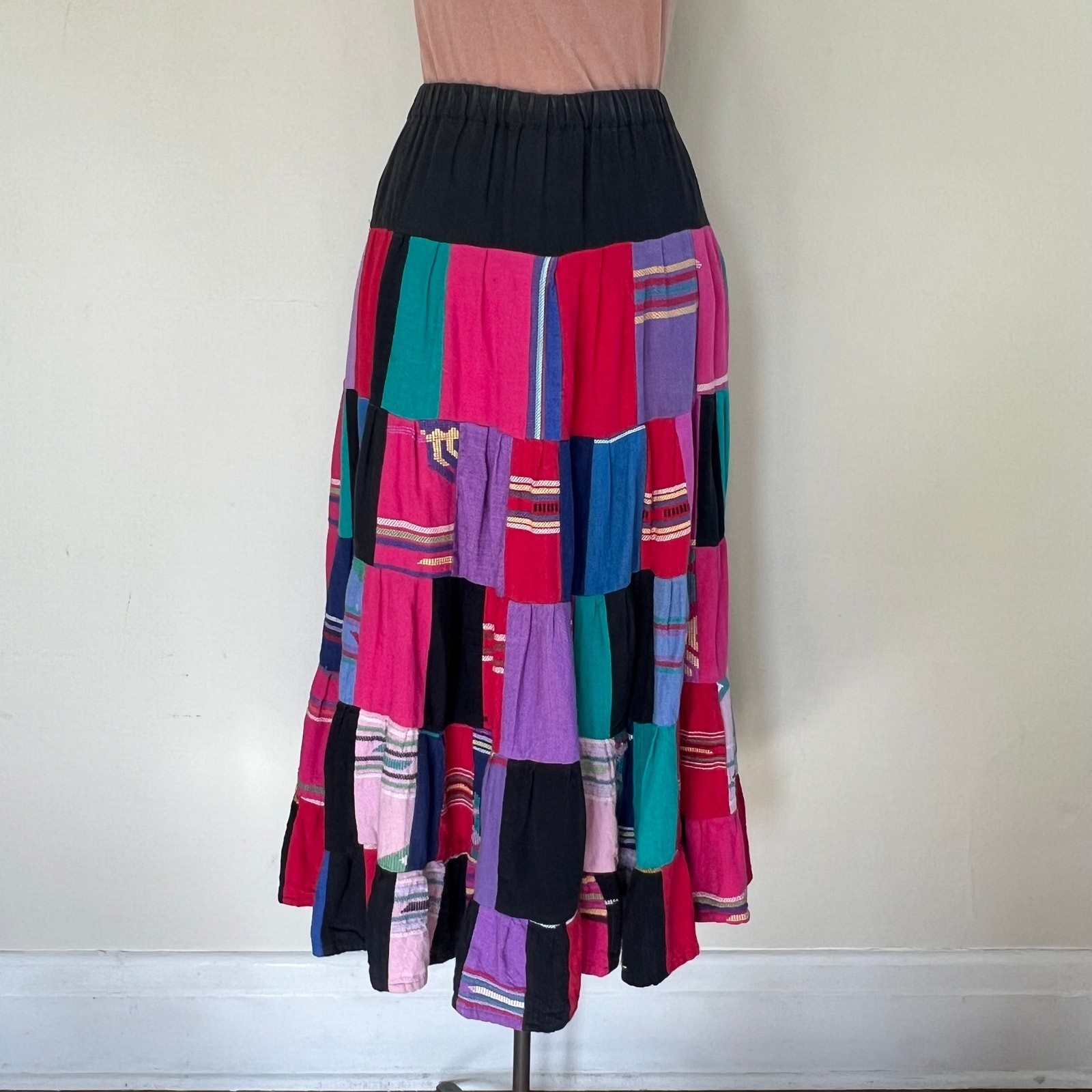 VTG Boho Handmade Upcycled tapestry Patchwork midi Skirt Women’s Guatemalan 60s
