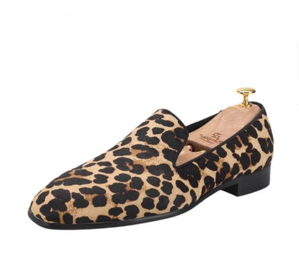 Men’s Fashion British Round Toe Leopard Slip On Loafers Youth Party Dress Shoes