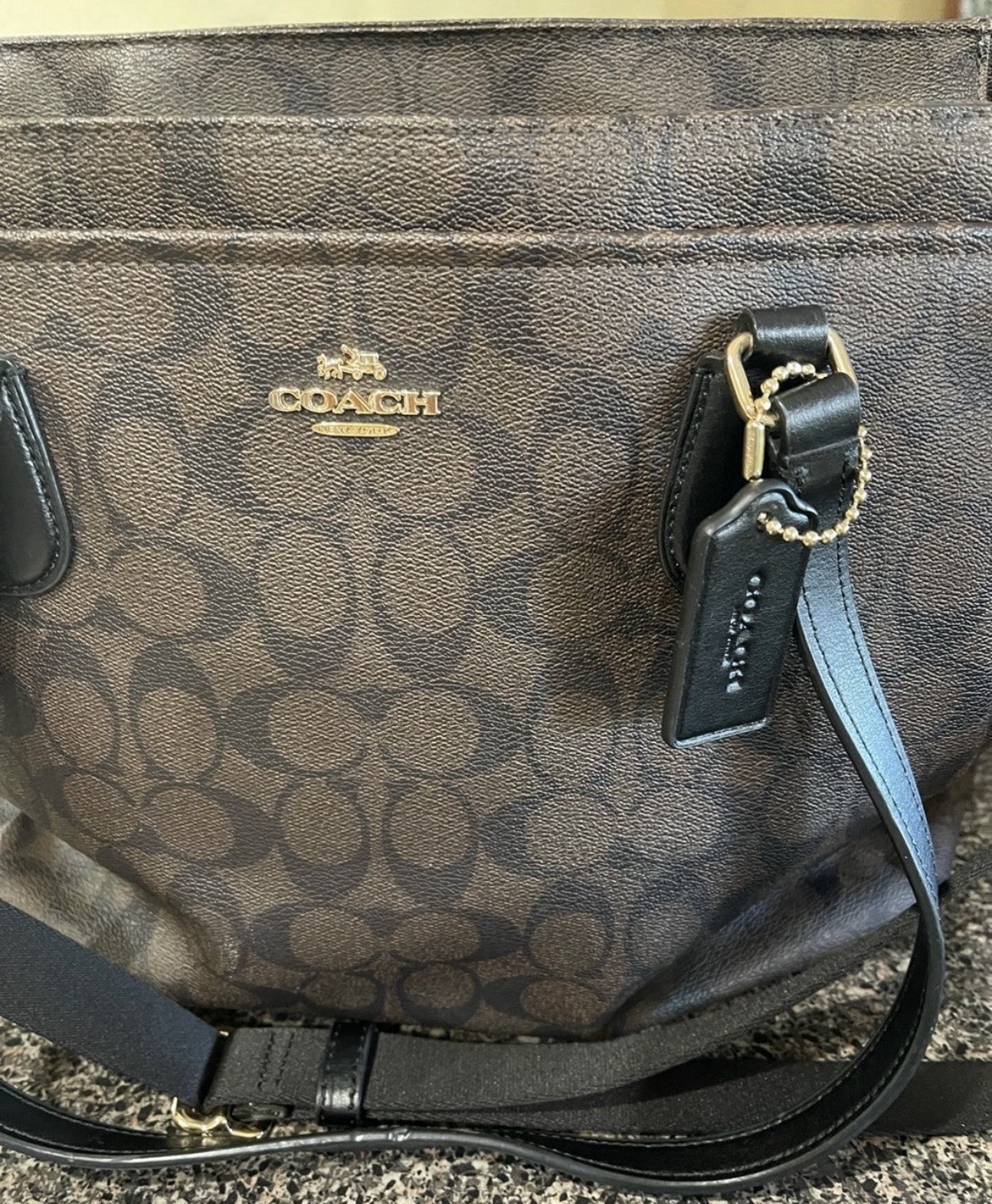 Coach Signature Logo Medium Tote Shoulder Bag Brown/Black Zip, Detachable Strap