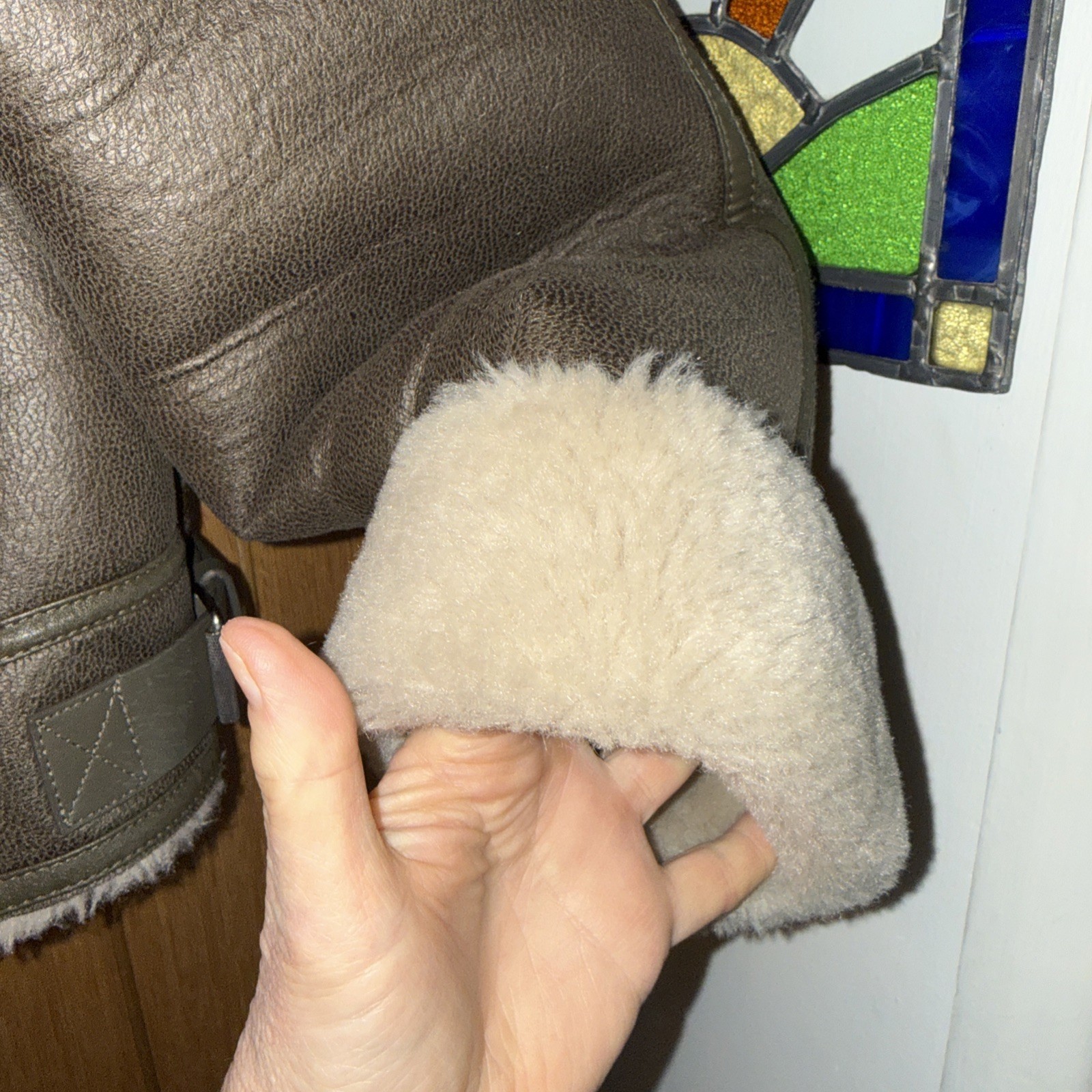 Mint Velvet Women’s Flying Jacket Size XL Faux Leather Tan with Cream Faux Fur