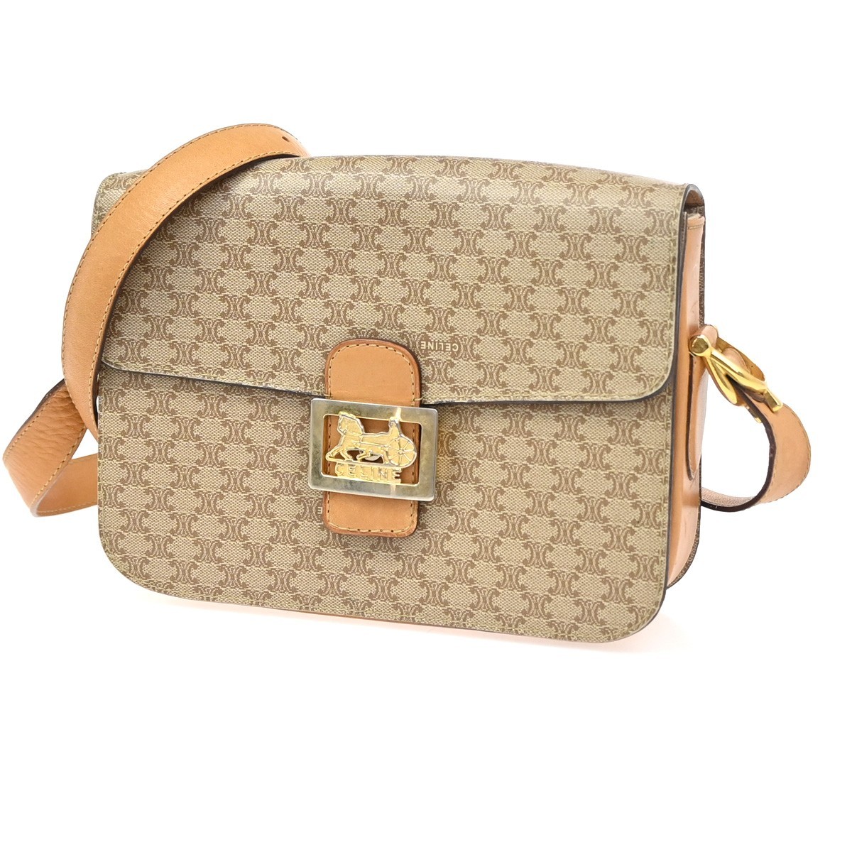 CELINE Logo Horse Carriage Macadam Shoulder Bag PVC Leather Beige GHW 30KC949