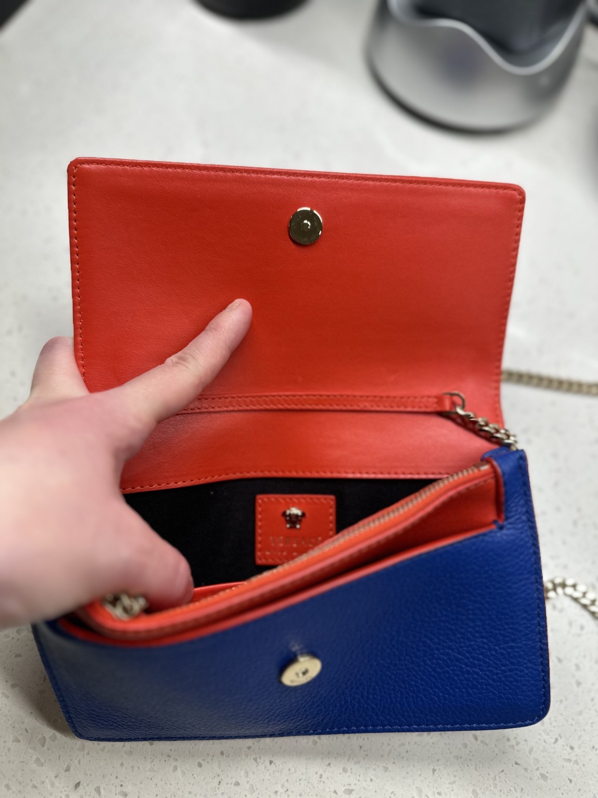 Versace Medusa Blue Crossbody Bag Gold Chain Strap Magnetic Closure Pockets