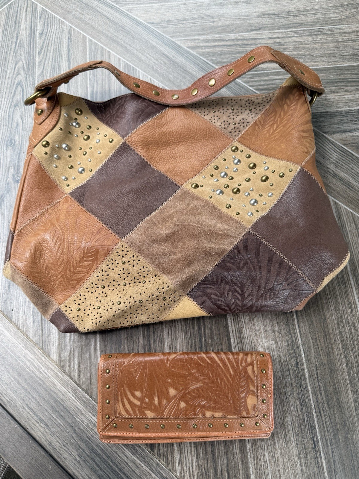 Patchwork Studded Shoulder Bag Brown/Tan w/ Matching Wallet