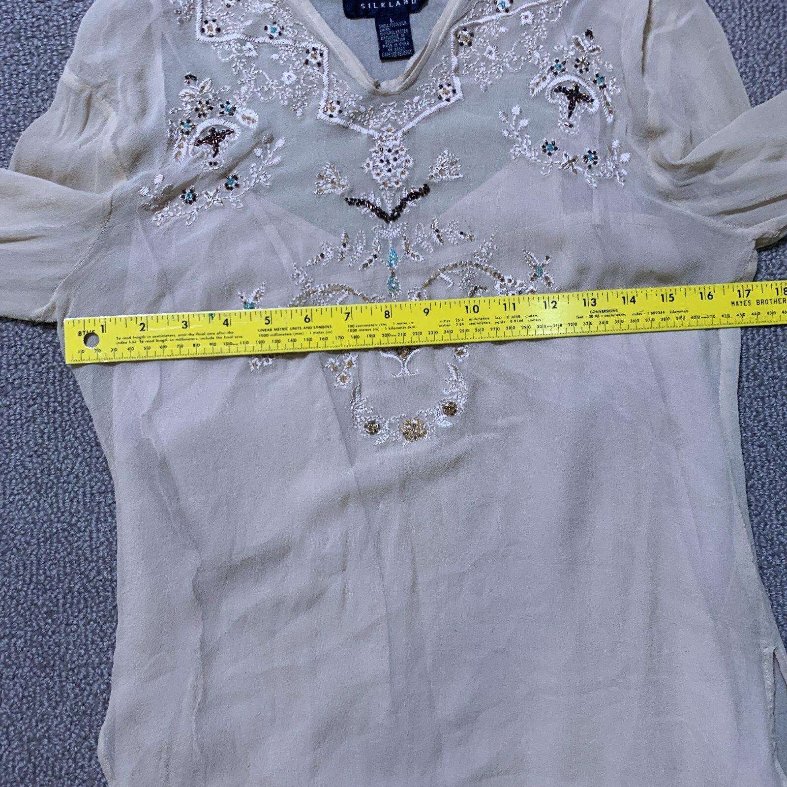 Silkland Layer Top Womens L Silk Semi Sheer Boho Coastal Cowgirl Embroider Bead