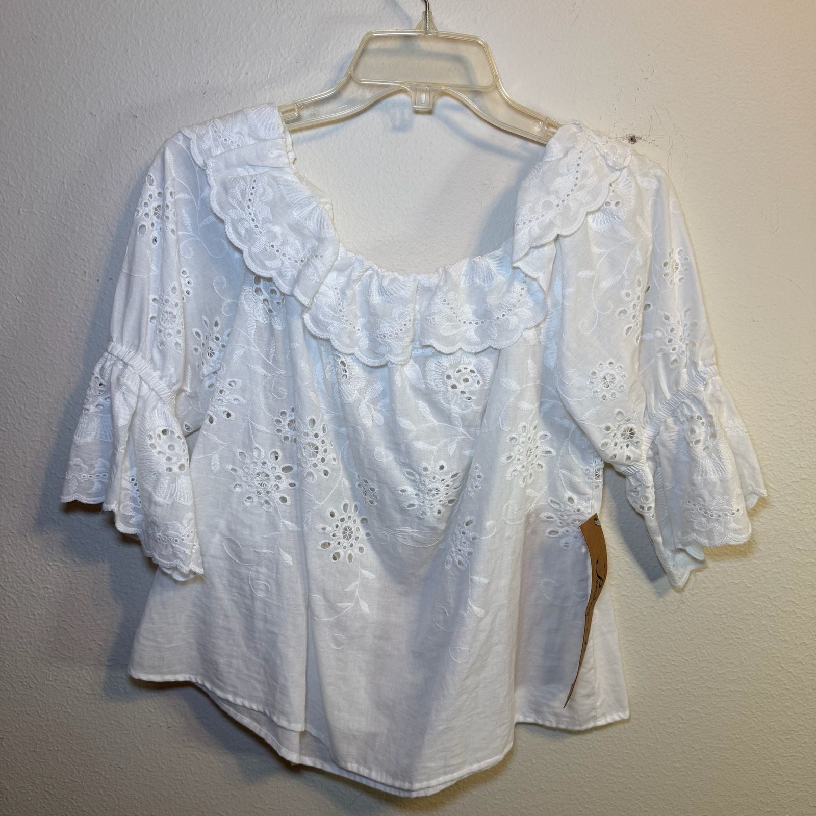 Penelope Project Women’s White Eyelet Embroidered Ruffle Off-The-Shoulder Blouse