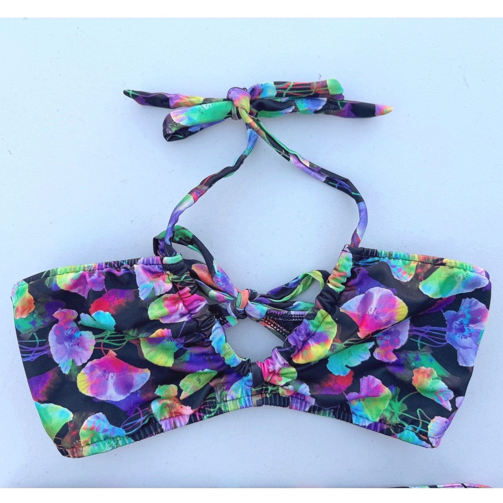 Allen B Neon Floral Bikini Set Halter Top Bottoms Festival Black Multi 10 12