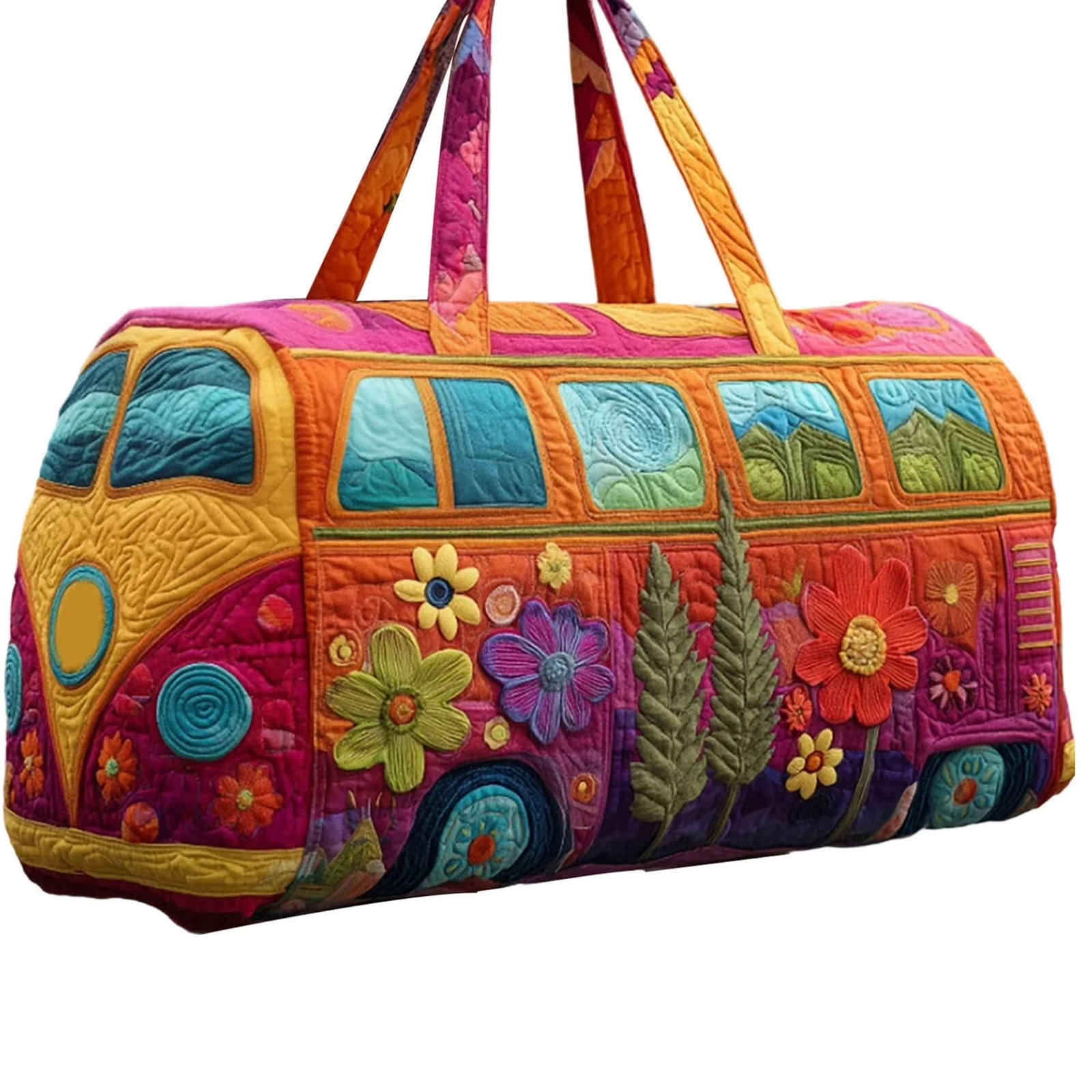 Unisex Boho Quilted Weekender Bag – Large Hippie Van Quilted Duffle Bag Carry-on