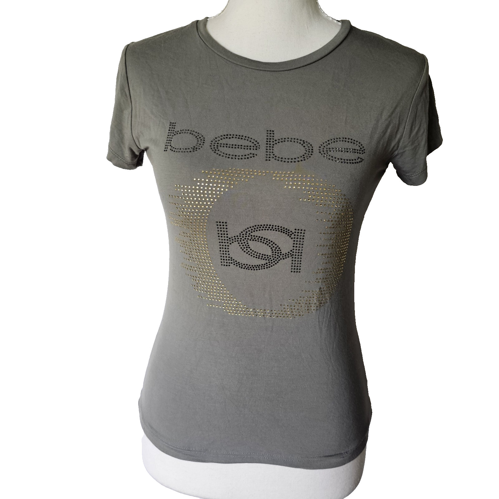Bebe Logo Top Rhinestone Short Sleeve Stretch Fitted T Shirt Olive Y2K
