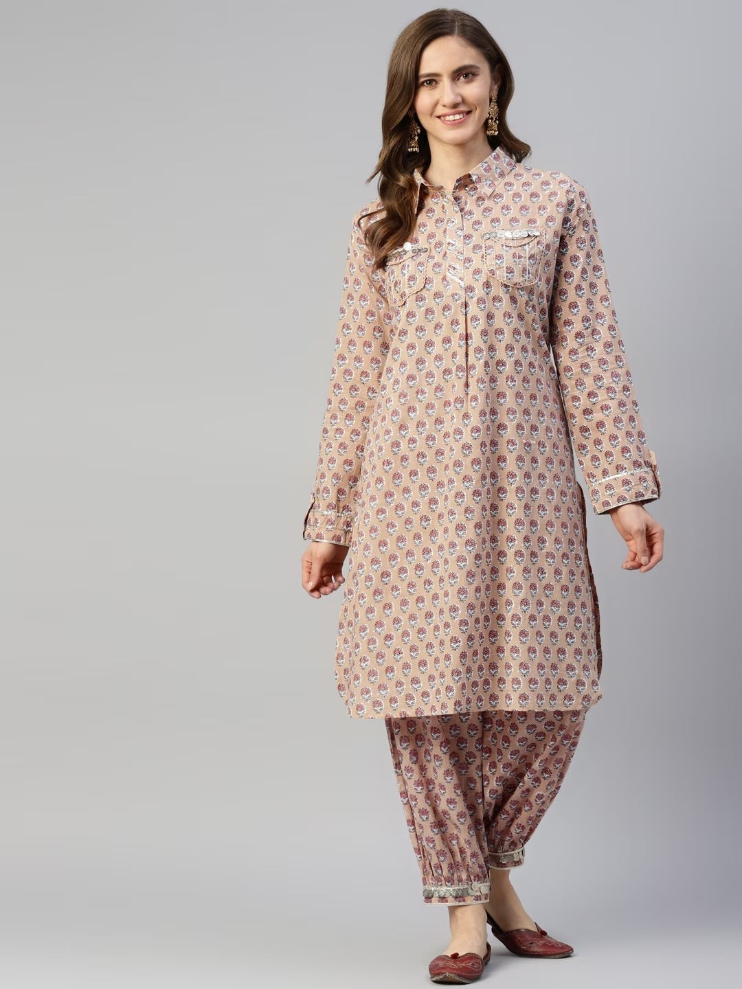 Beige Cotton Shirt Style Kurta Hem Cuffed Pant Co-Ord Set Women Plus Size