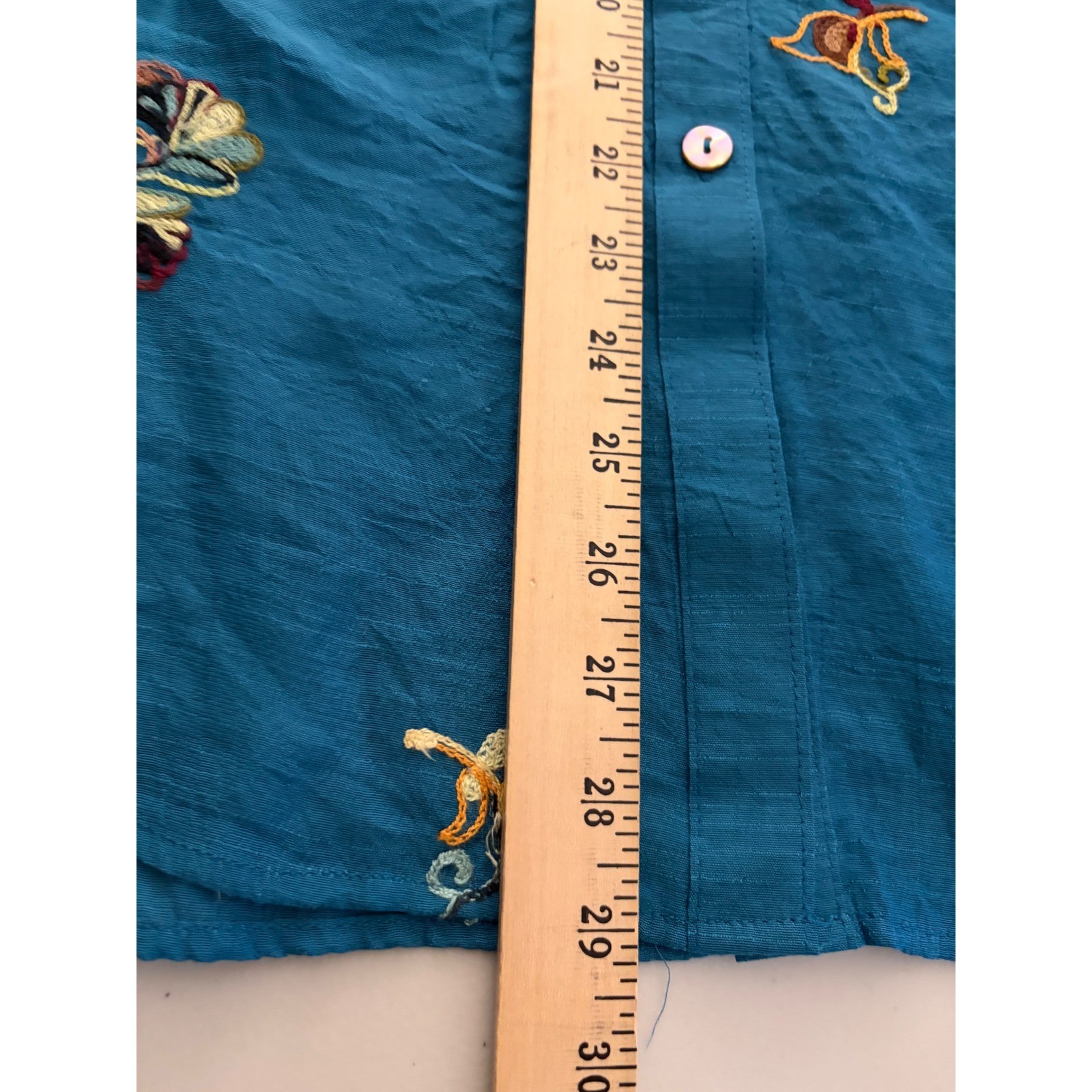 Fig and Flower Womens XL Teal Blue Embroidered Button Down Shirt Floral Boho Top