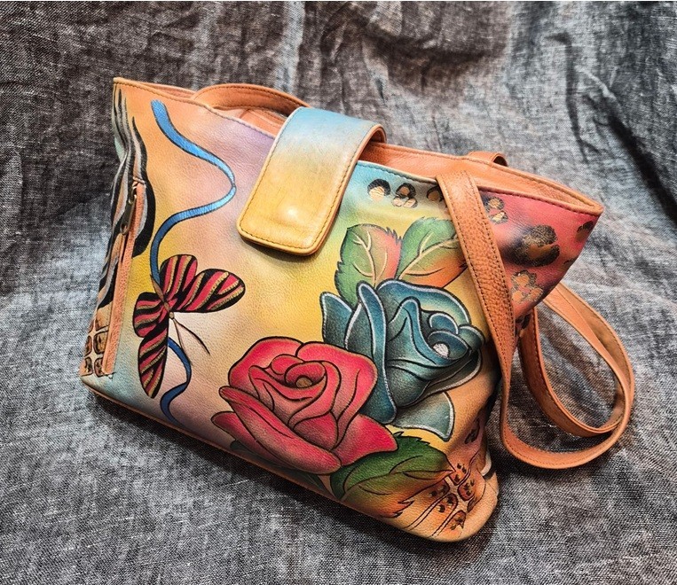 Anuschka Hand Painted Leather Tote Bag. Safari Floral Purse. W/ Magnetic Snap