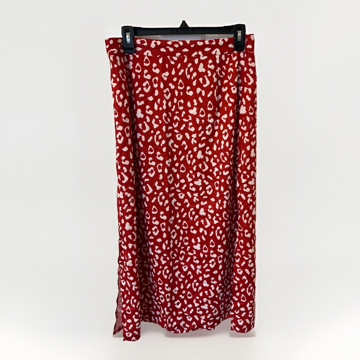 Lyaner Red Animal Print Patterned Satin Midi Skirt With Slit On Side, Size L
