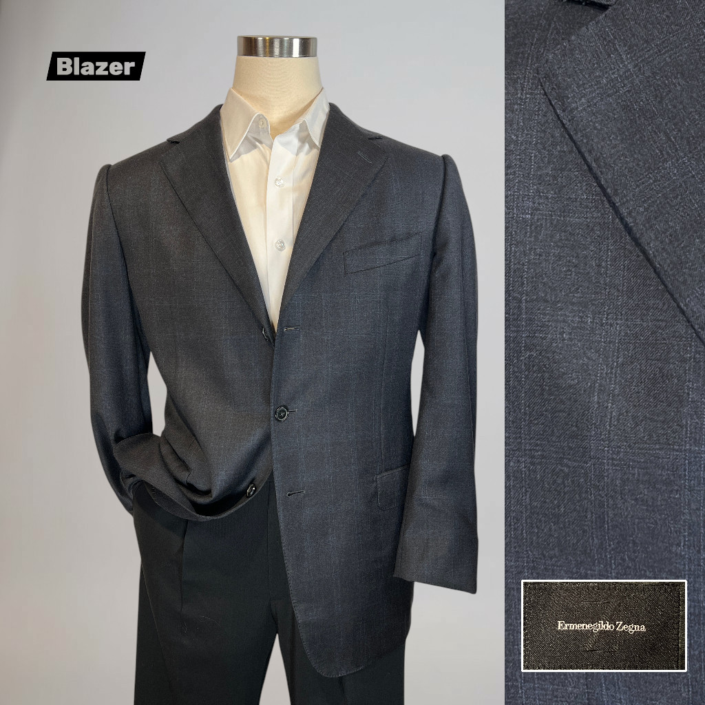 Ermenegildo Zegna Italy 44-46R Gray Royal Blue Plaid Blazer Suit Jacket 3 Btn