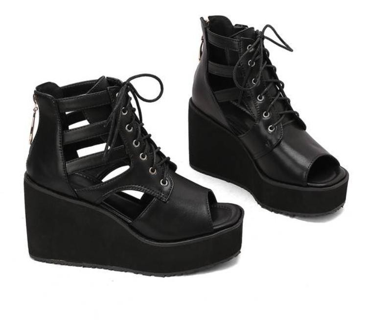 Womens Gladiator Leisure Sandals Hollow Out Wedge Heels Peep Toe Zip Ankle Boots
