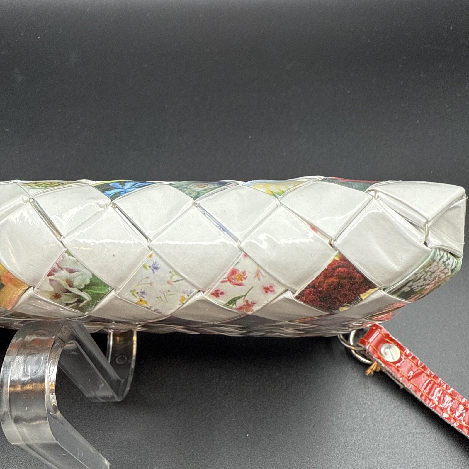Nahui Ollin White And Floral Candy Wrapper Clutch Purse Wristlet Zip Top Woven