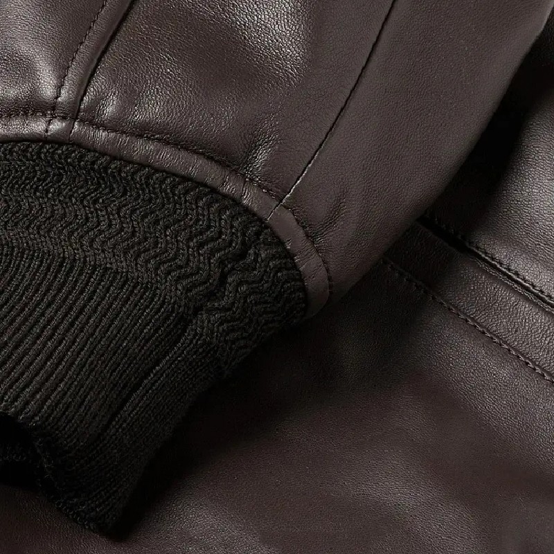 Hot Sale Men’s Brown Leather Jacket Classic Bomber Zip Front Ribbed Waist Jacket