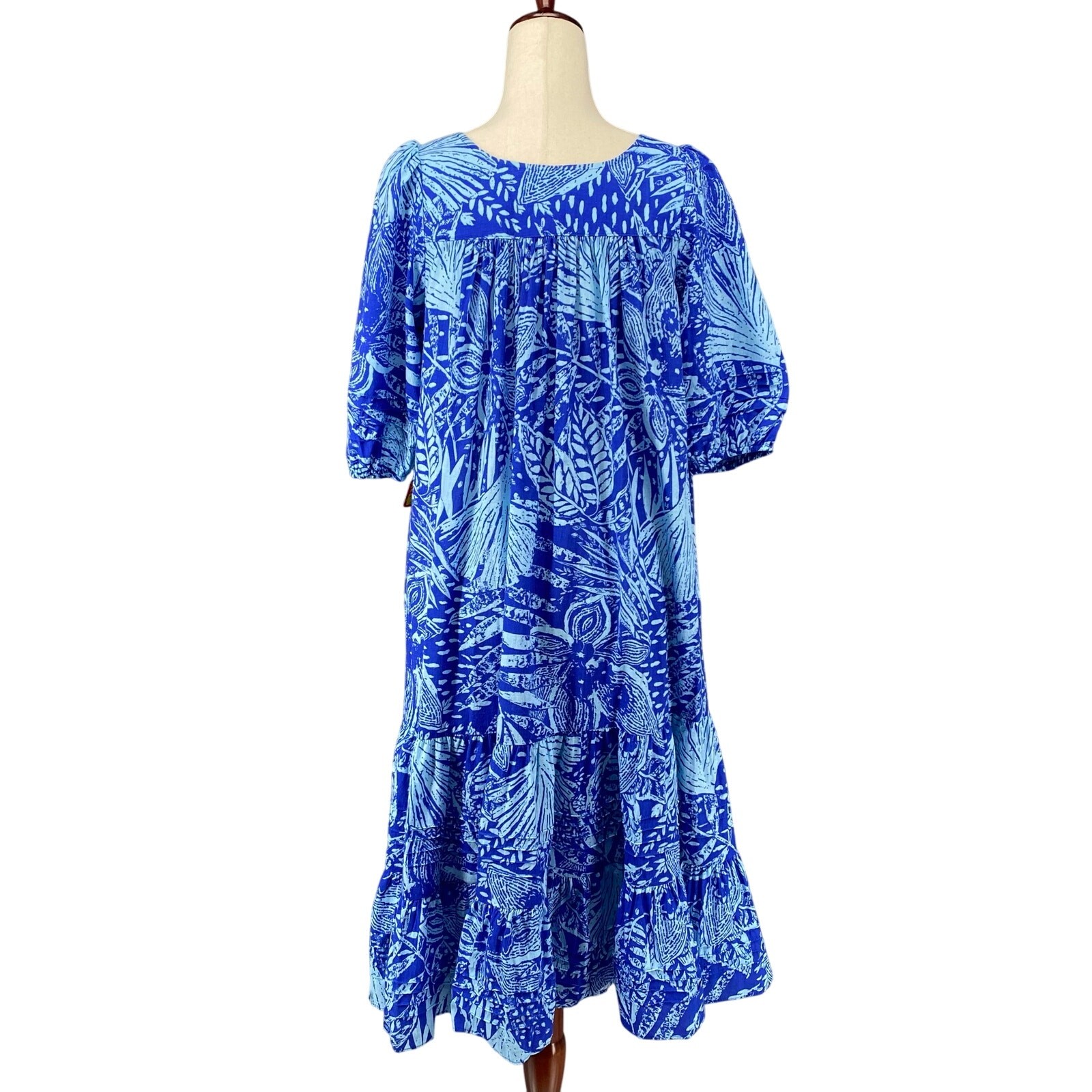 Vtg 80s 90s Two Potato Laguna Beach Midi Tiered Muumuu Dress XS Cotton Blue NOS