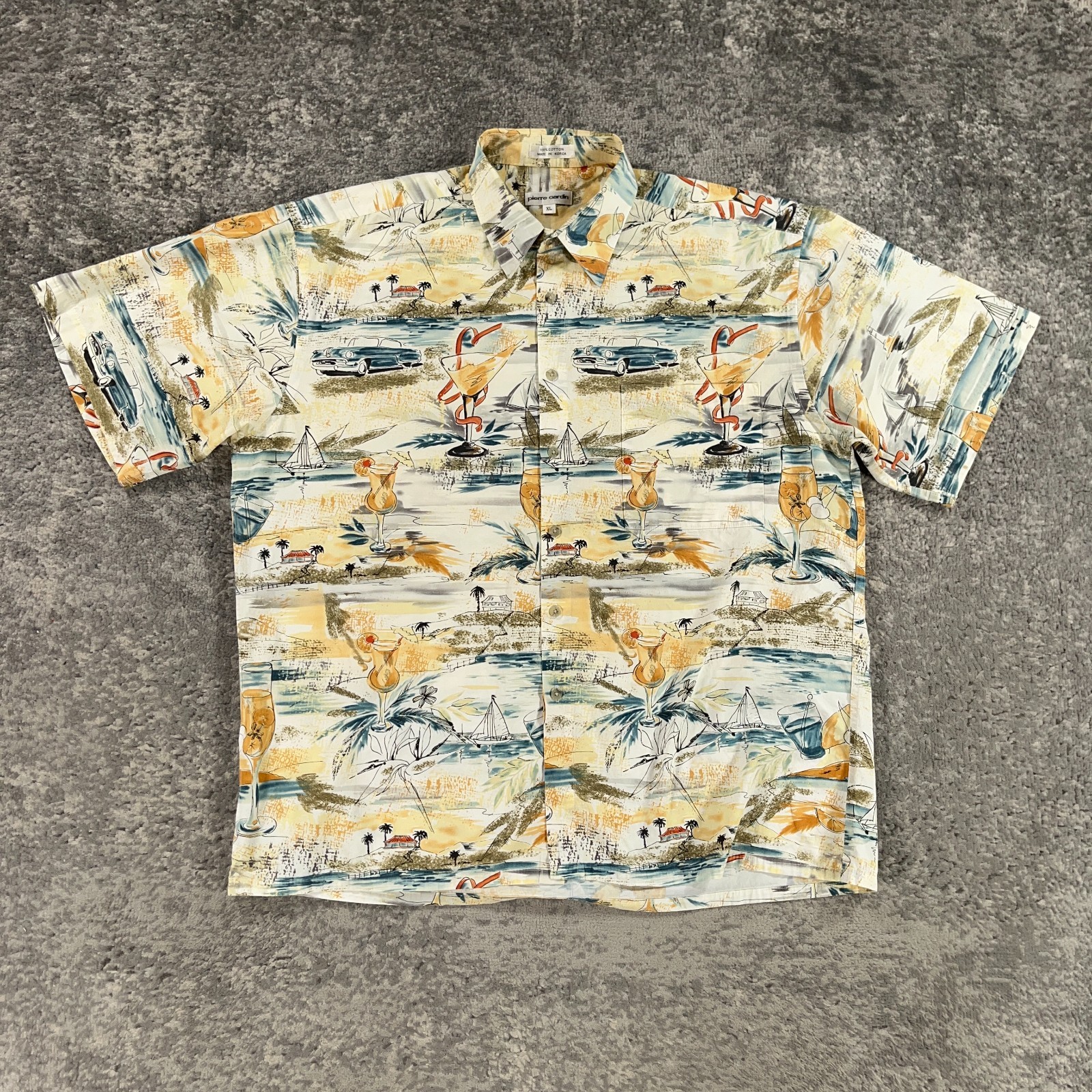 Vintage Pierre Cardin Hawaiian Shirt Mens XL Beige Classic Car Martini Print 90s