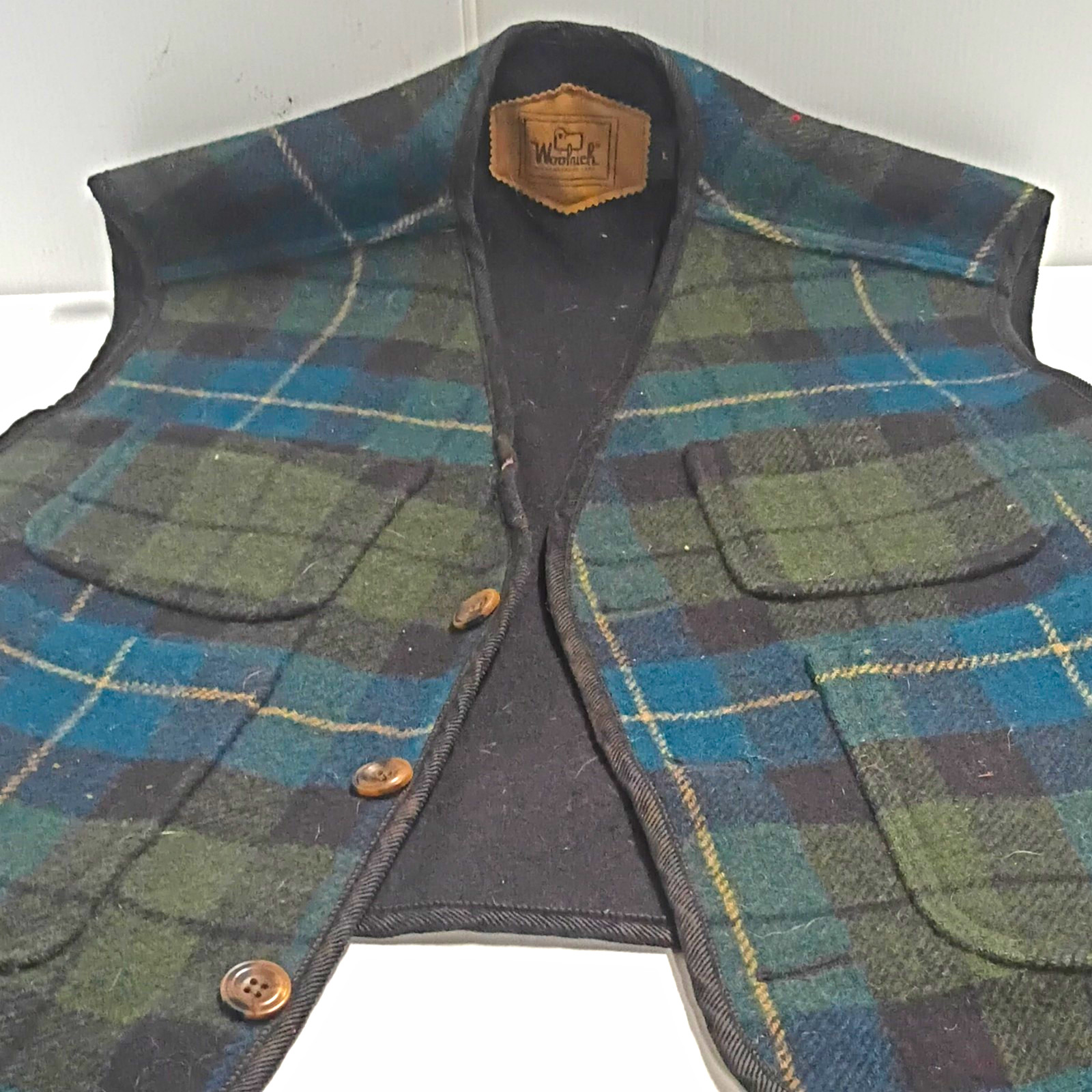 Woolrich Plaid Wool Button Front Vest w/ Pockets Band Collar L Green Blue