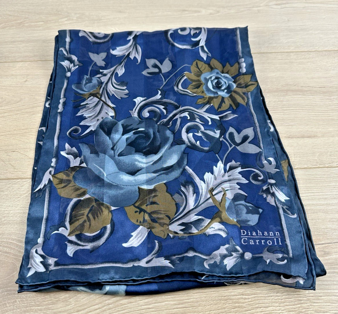 Women’s Diahann Carroll 100% Silk Navy Brown Floral Scarf 11” X 58”