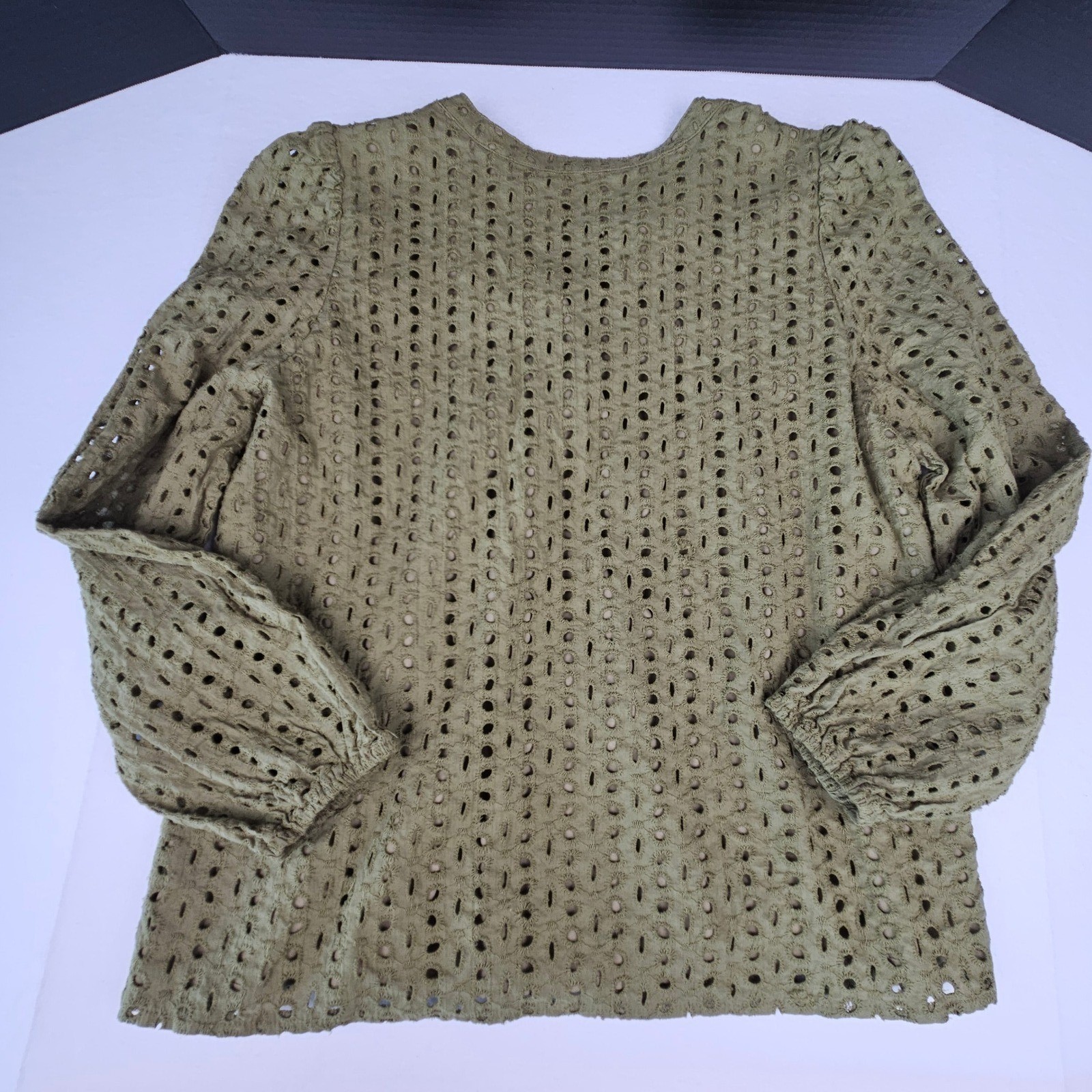 Merokeety Women Olive Green Eyelet Embroidered Split Neck Long Sleeve Blouse L