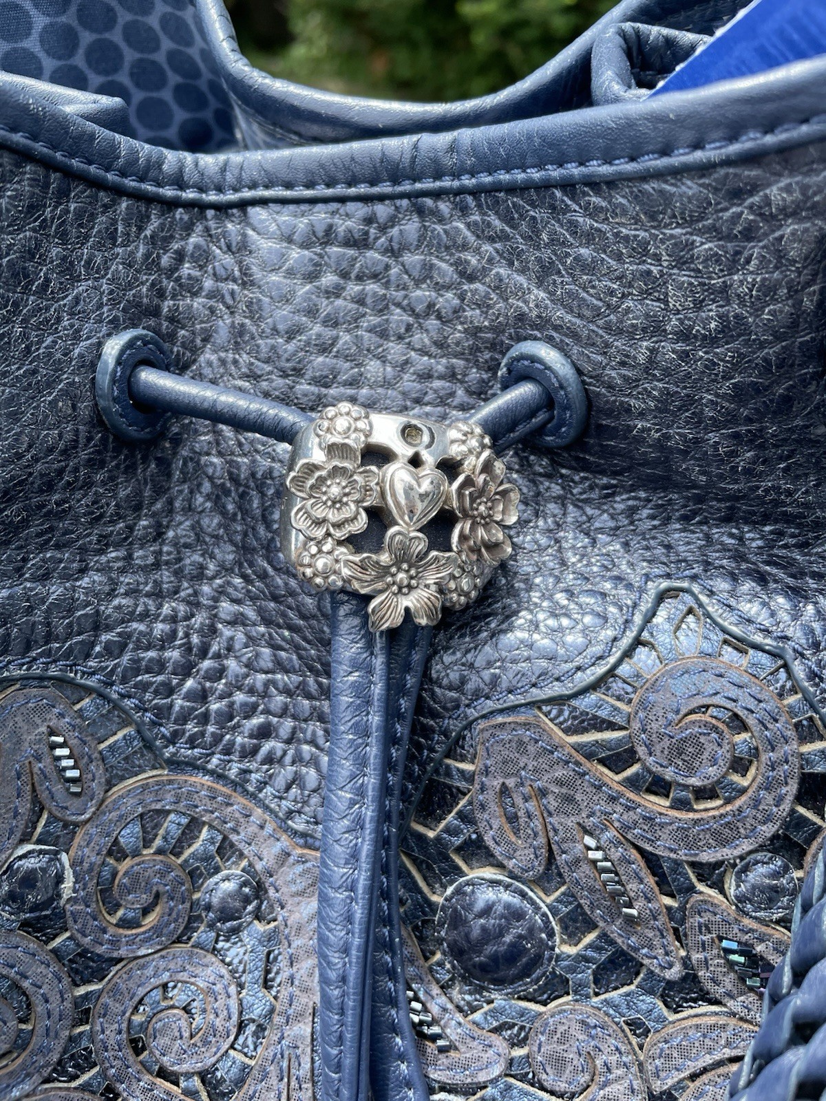 Brighton Blue Floral Beaded Applique Drawstring Bucket Shoulder Bag Strap