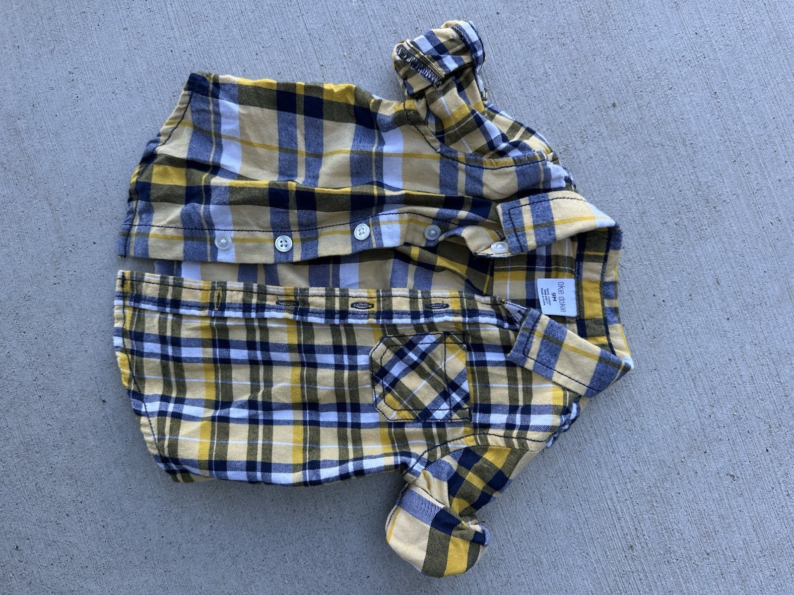 Okie Dokie Baby Boy Yellow + Blue Plaid Cotton Flannel Long Sleeve Shirt Buttons