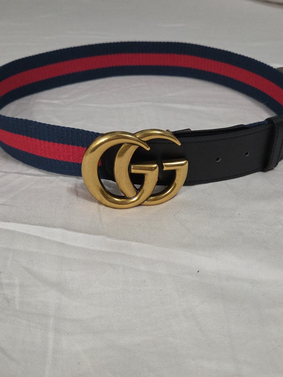 Gucci GG Brass Buckle Striped Navy Red Dress Belt Men’s 36-38 IT 105CM