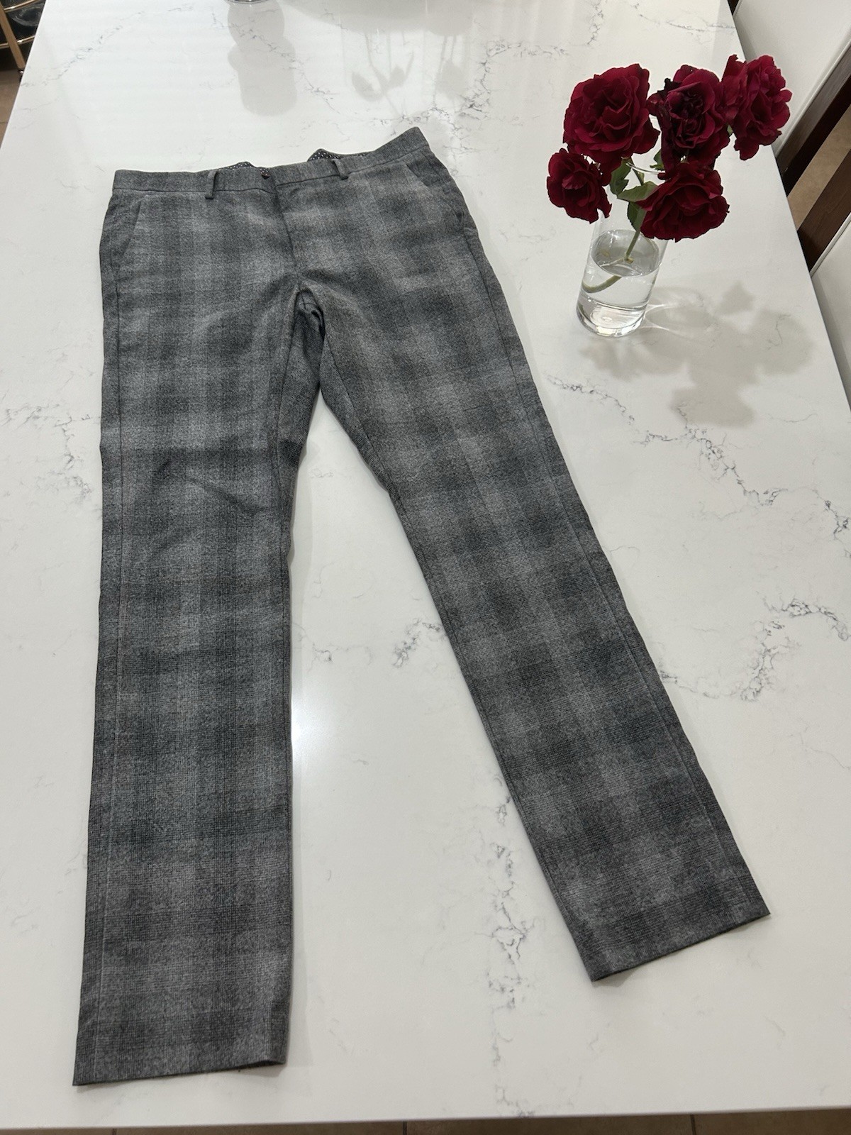 Murano Mens Gray Plaid Dress Pants 34×34 Slim Fit Flat Front Trousers Slacks Sl