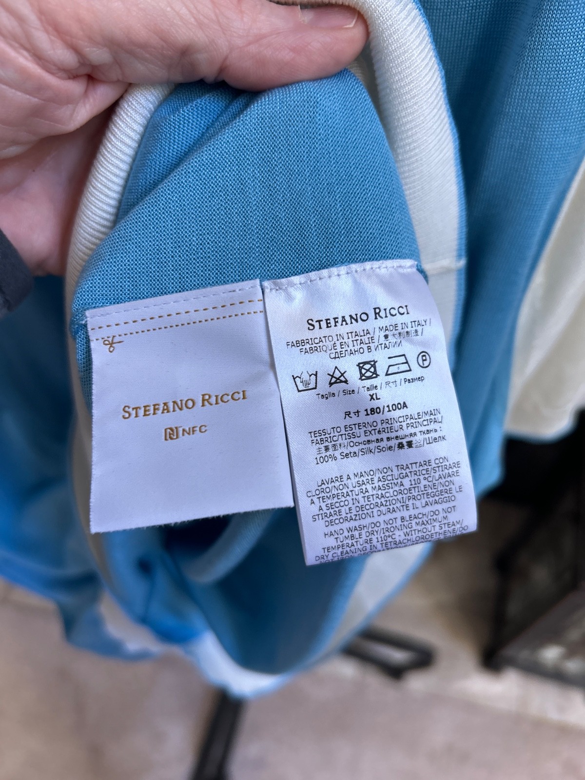 STEFANO RICCI men’s 100% silk quarter zip polo shirt – blue / white – size XL