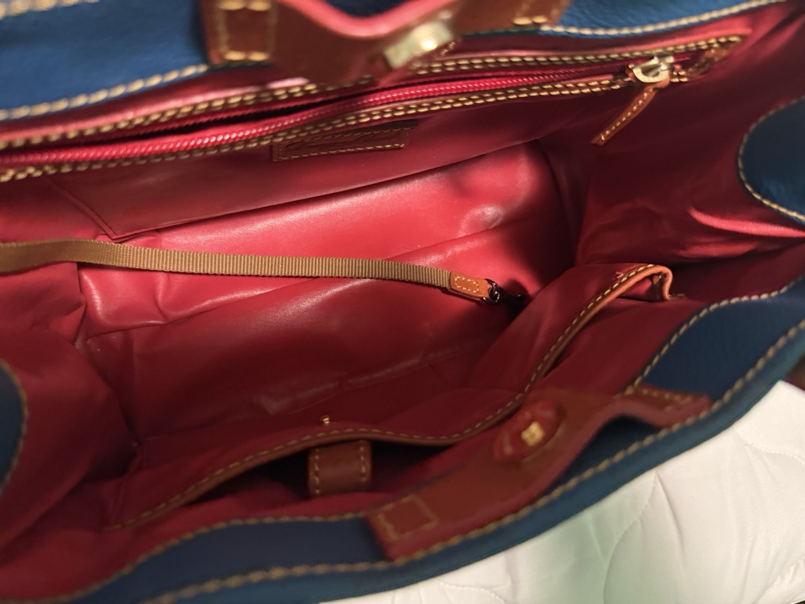 Dooney & Bourke Medium Blue Tote, Brown Double Handles, Zip, Charm, Red Lining