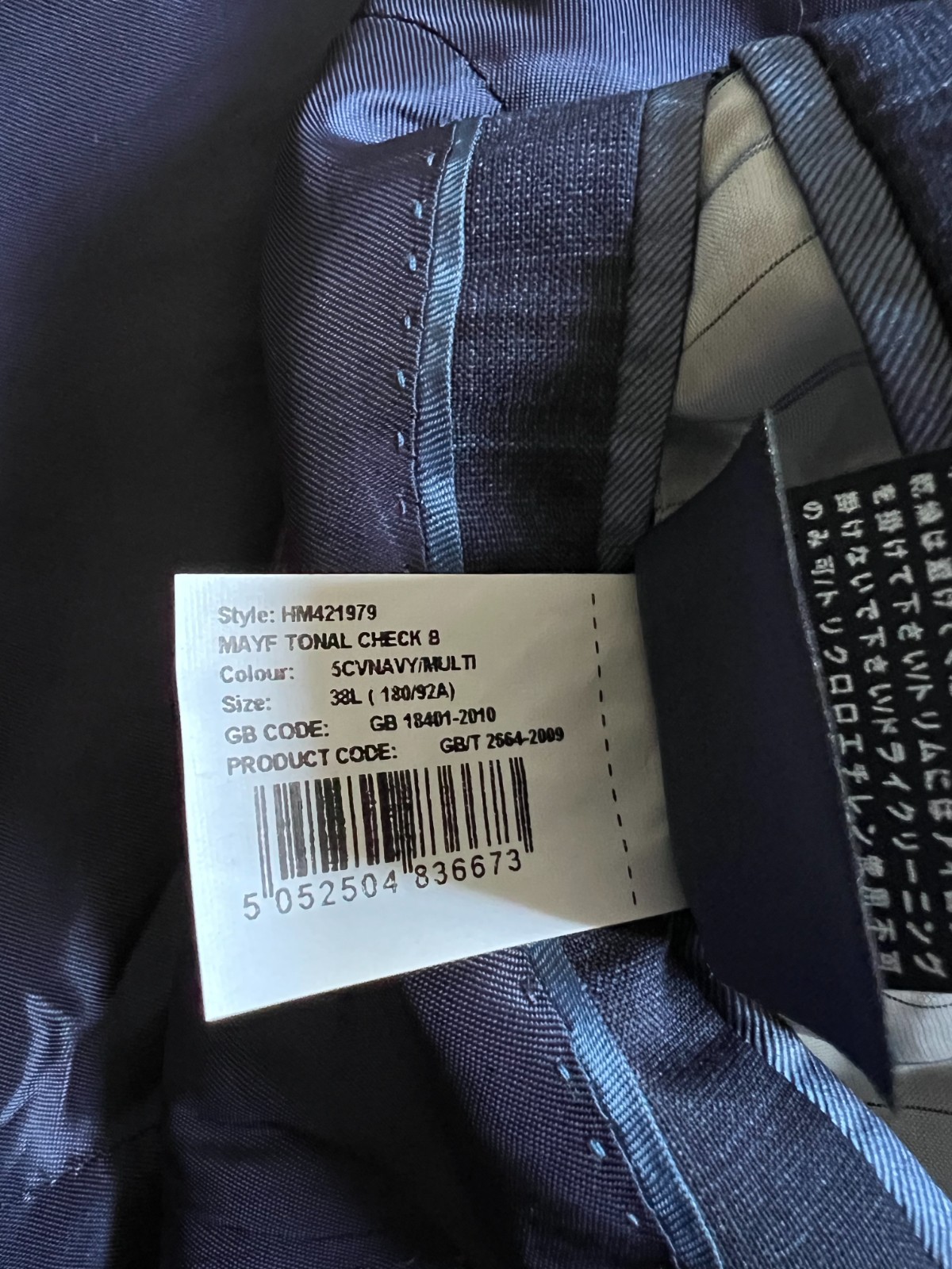 Hackett London x Loro Piana Mayfair Check 2 Piece Suit Navy Slim-Fit Size 38L, S