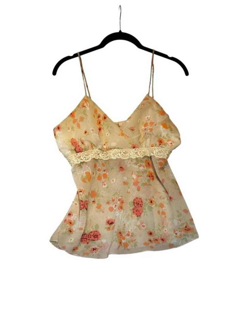 Y2K VTG Babydoll Cami Top M/L Floral Lace Trim Coquette Fairycore Cottagecore