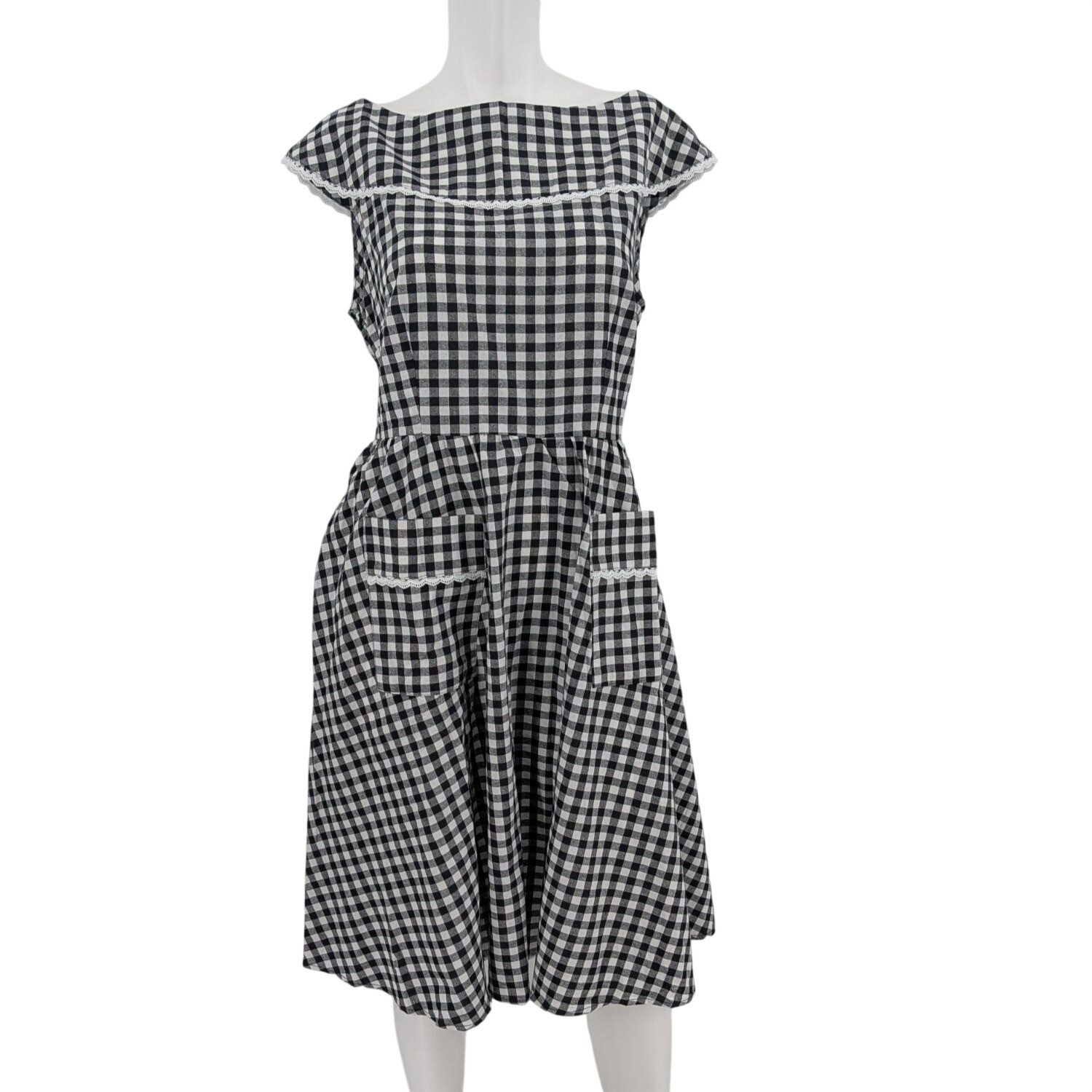Gingham Fit Flare Dress Cottage Lace Trim Retro 50s Rockabilly Twee Pockets XXL