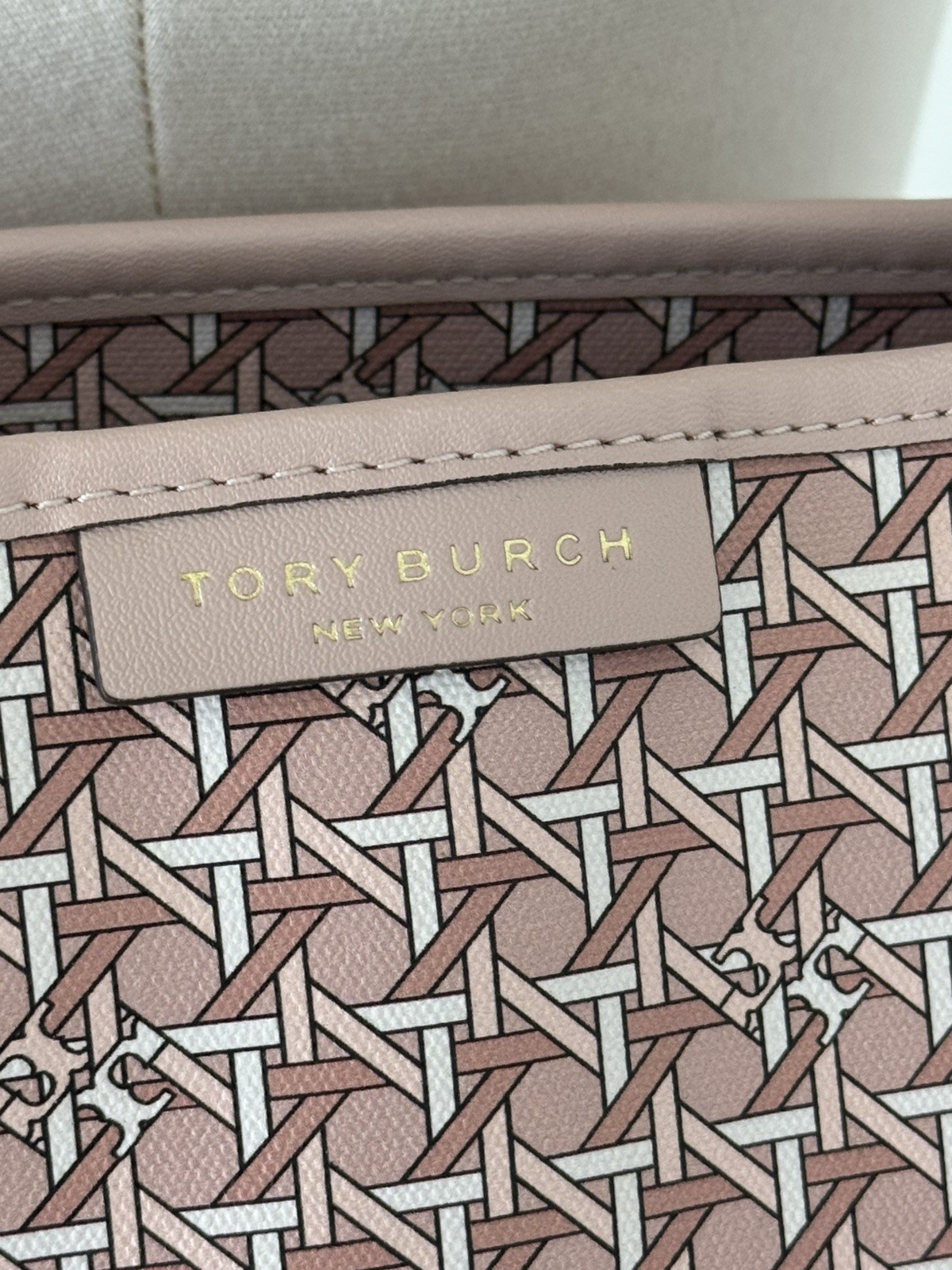 Tory Burch T Monogram Tote Pink Beige Zip Closure & Pouch Gold Hardware