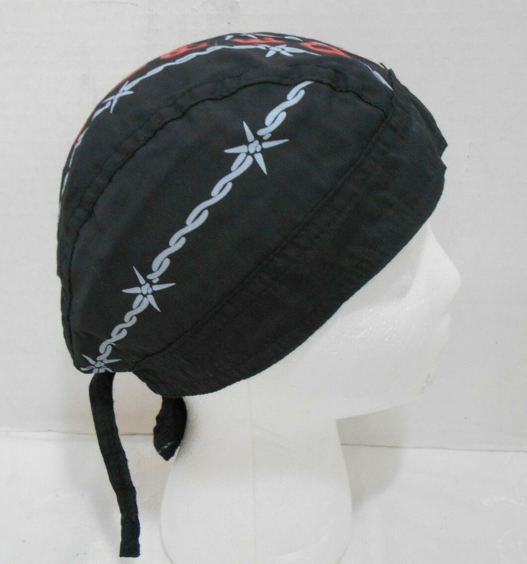 Skull Cap Do Rag Black Barb Wire WIRED Tie Back with Tail Biker Motorcycle Hat