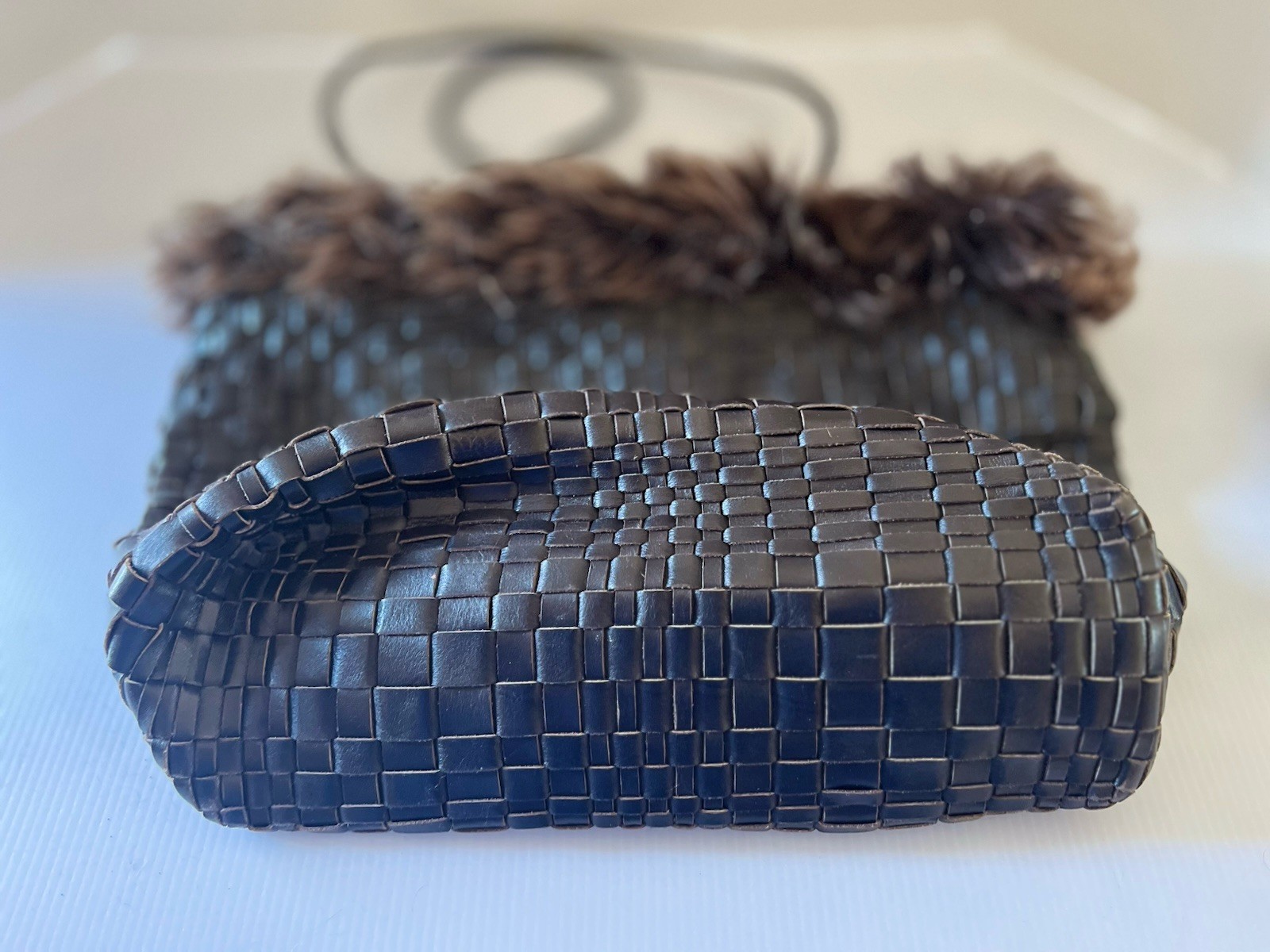 Falor Le Borse Leather Brown Woven Purse w/ Faux Fur Made in Italy SALE!