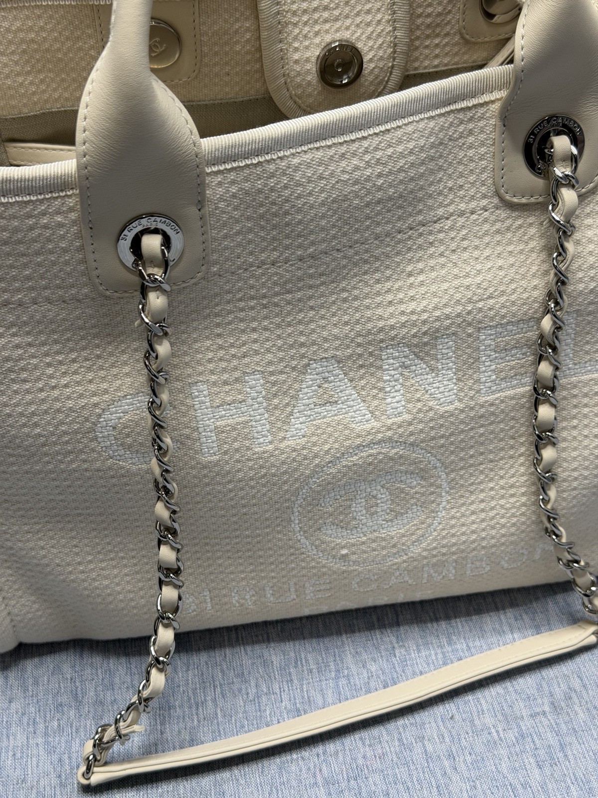 Chanel Deauville MM Tote Bag With Pouch Chain Tweed Material White