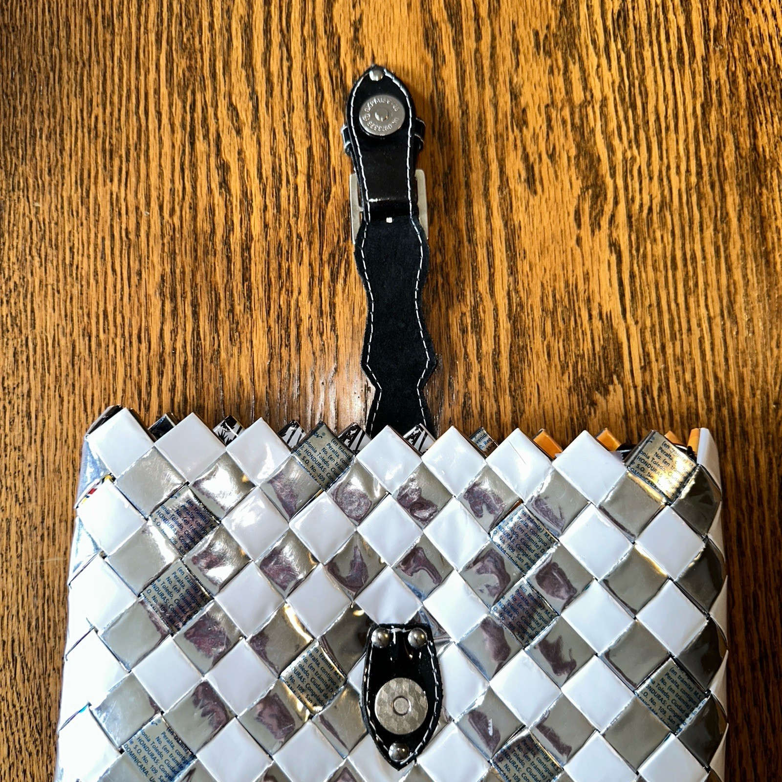 Nahui Ollin Y2K Woven Candy Wrapper Clutch Bag Purse Silver White Glossy Buckle