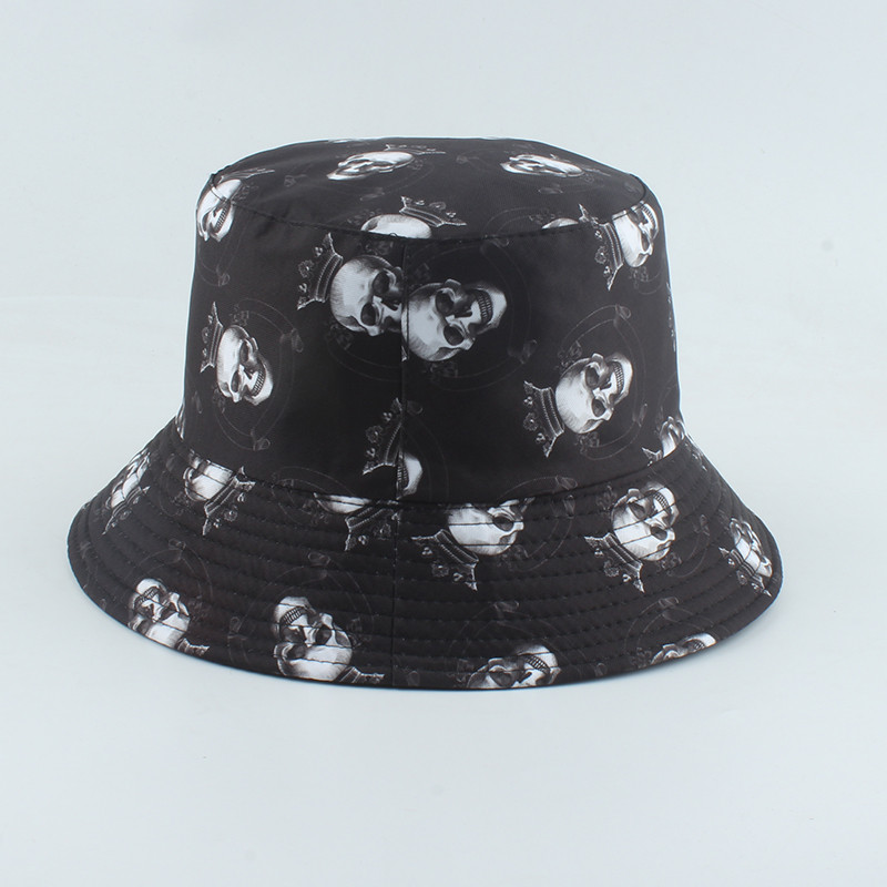 Reversible Bucket Hat Skull Print Fisherman Hat Wide Brim Unisex Cap