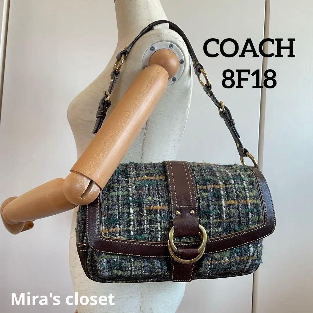 COACH 8F18 Shoulder Bag Handbag Wool Leather Suede Multicolor Brown Green Blue