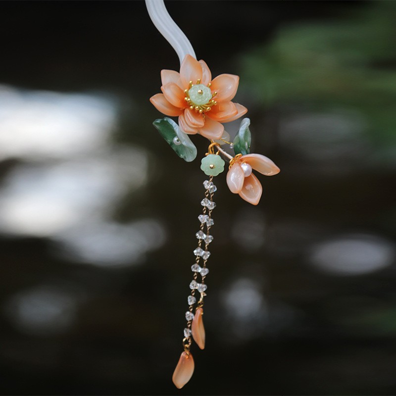 White Lotus Tassel Hairpin Traditional Chinese Hair Stick Hair Accessories Hanfu