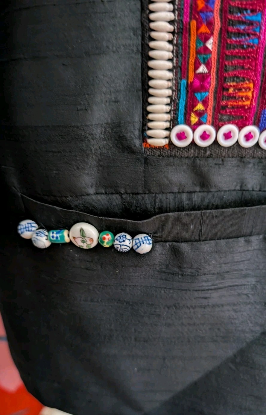 Vintage Myanmar Burma Jacket Shell Beaded Embroidery Black M/L