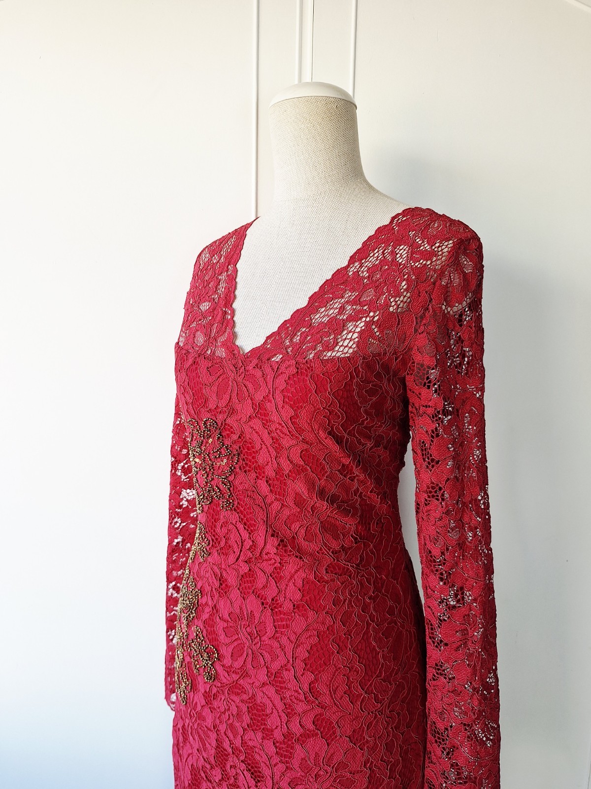 JOE BROWNS Deep Red Lace Midi Pencil Dress Gold Beaded Formal Party Size 10