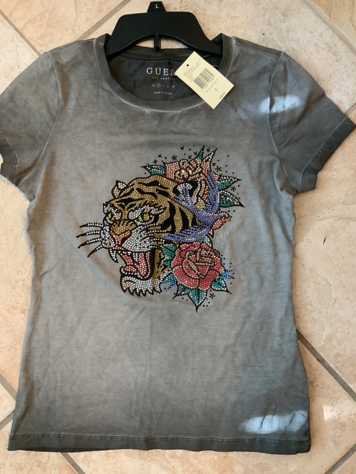 New Guess Womens Kaylanie bling grey T Shirt Small