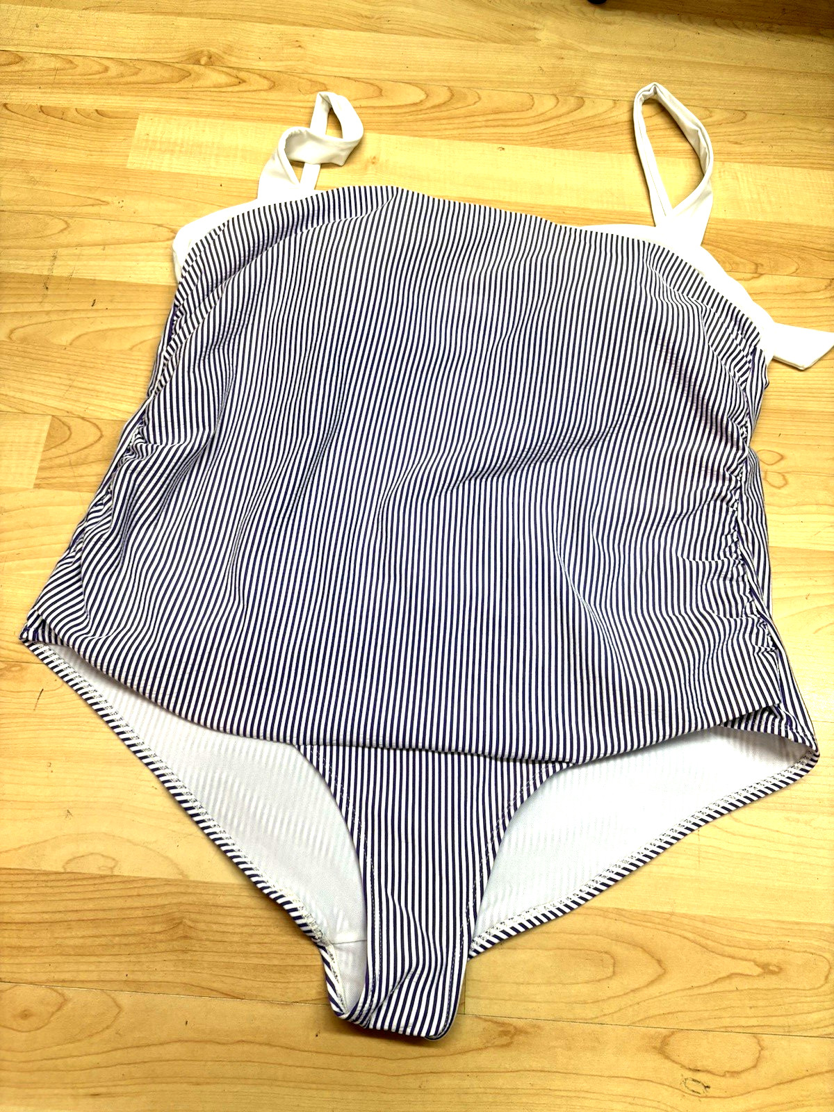 Basic Editions, Woman’s 1 Piece Blue & White Striped Halter Swimsuit, Size 24W