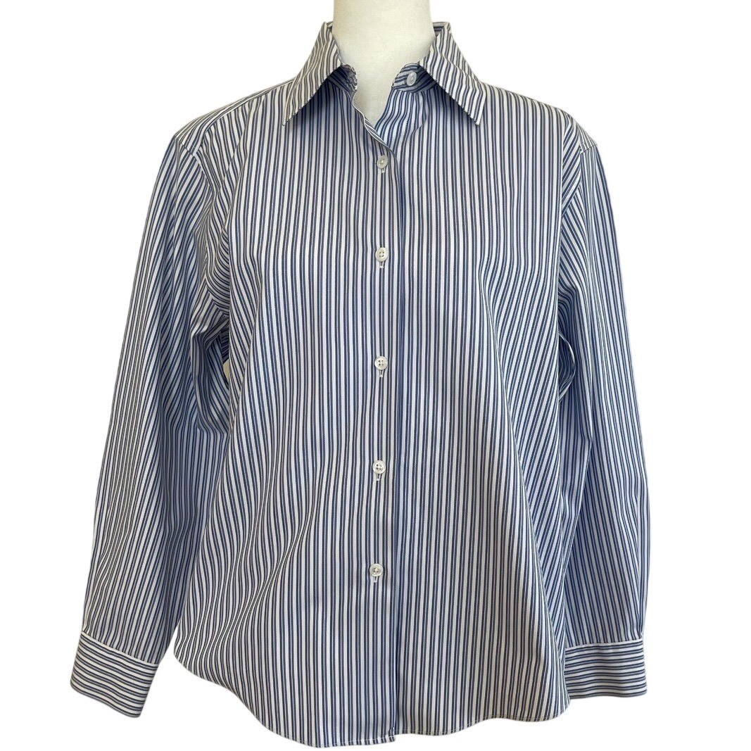 Talbots Petites Blue White Striped Wrinkle Resistant Button Down Shirt Size 10P