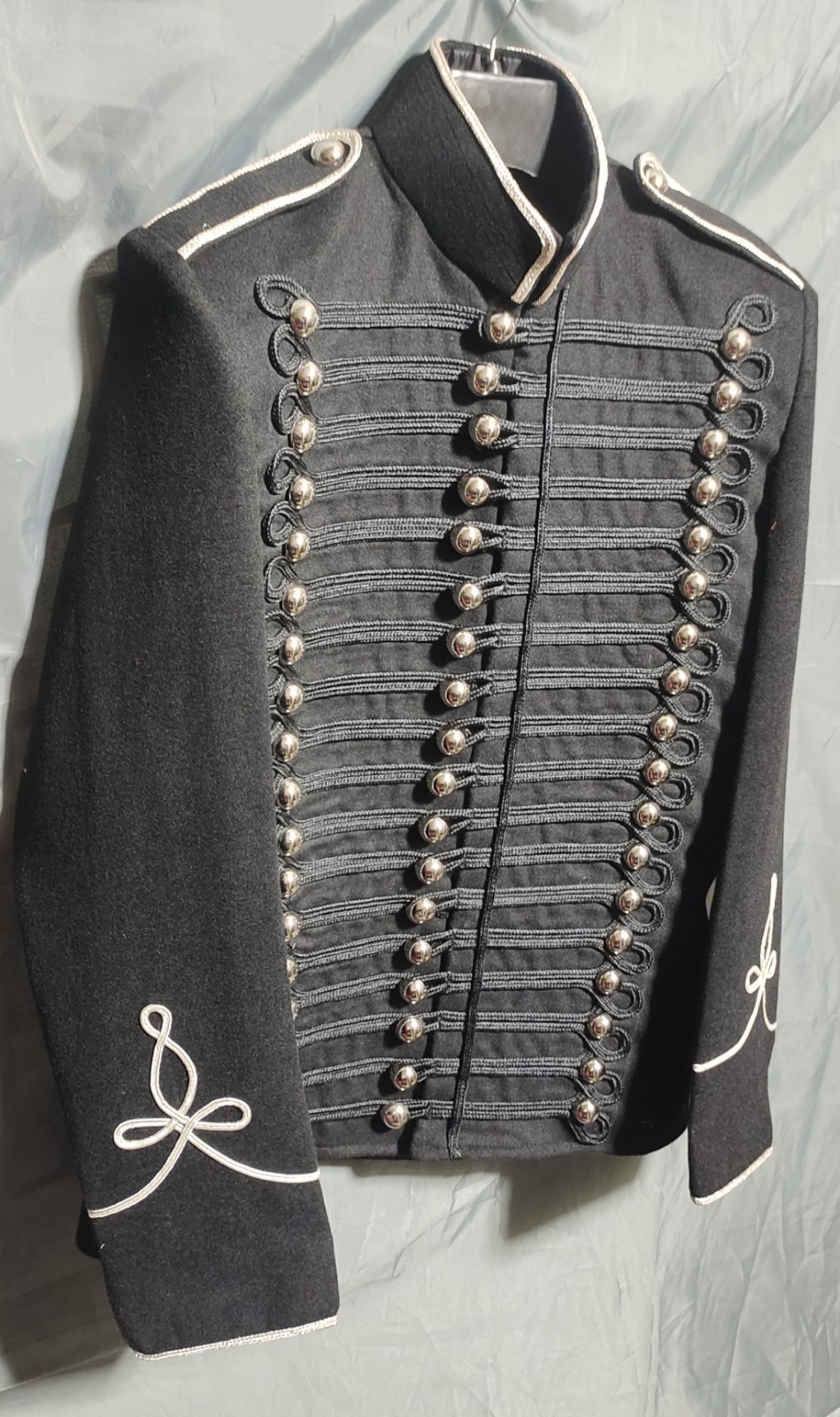 Men’s Black Hussar Jacket Silver Braided Napoleonic Military Gothic Drummer Coat