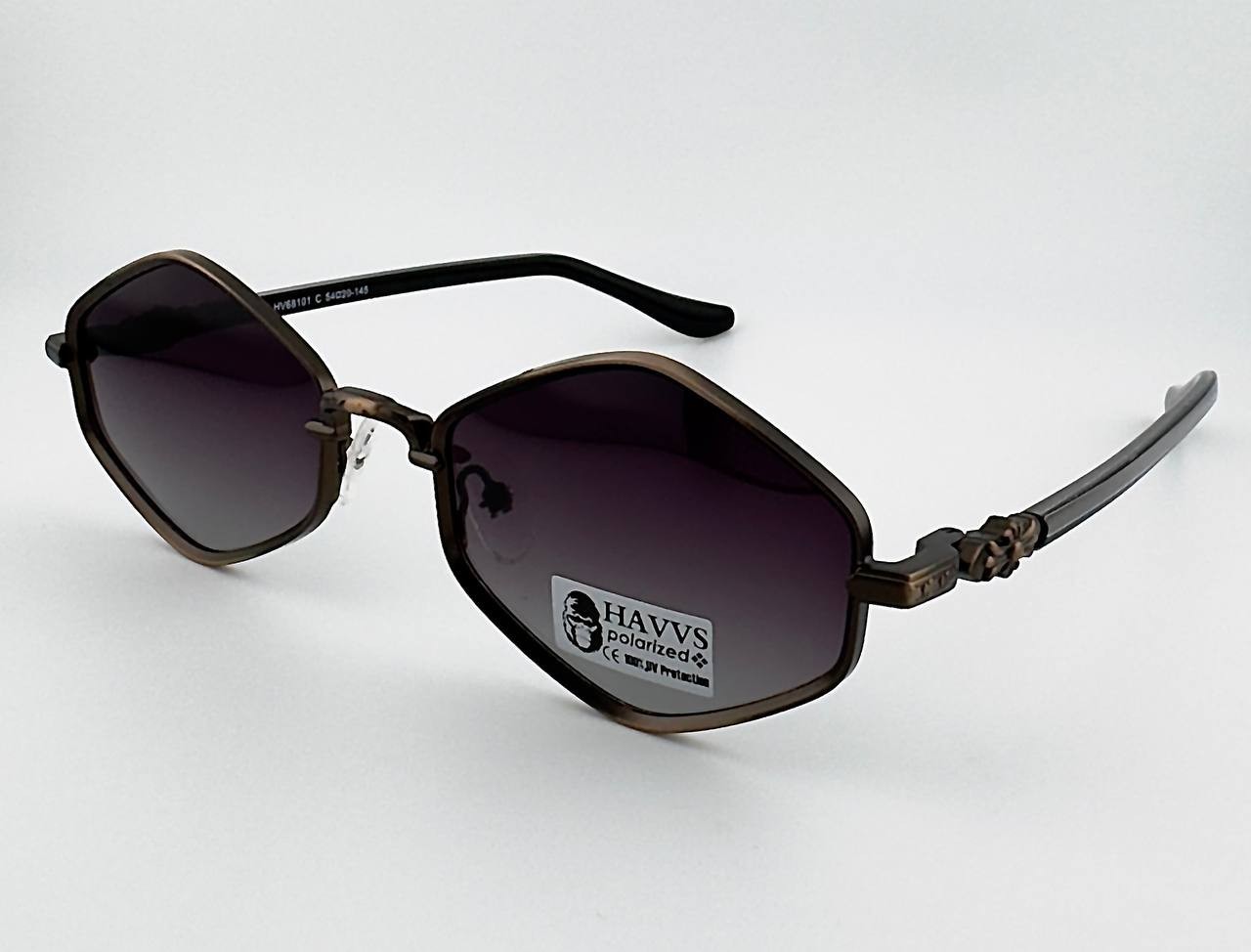 HAVVS HV68101 C Polarized Sunglasses Hexagon Bronze Metal Frame UV400 w/ Case