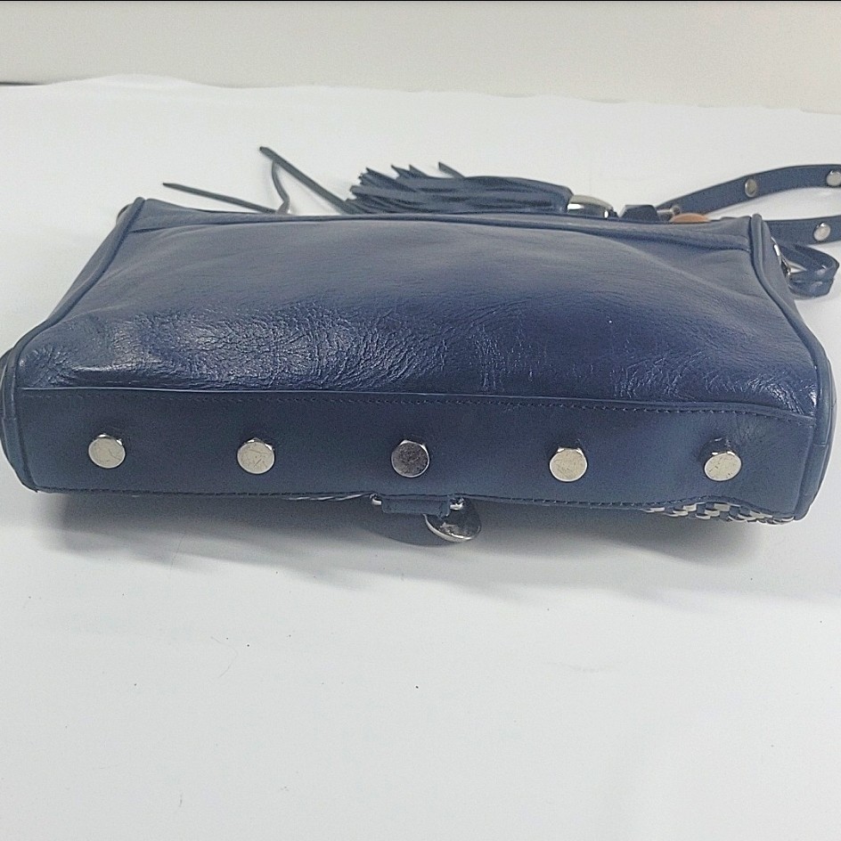 Rebecca Minkoff MAC Woven Leather Crossbody Bag Chain Strap Navy Tassel